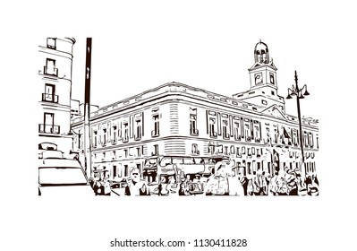 The Puerta del Sol is a public square Plaza in Madrid, Spain. One of the best known and busiest places in the city. Hand drawn sketch illustration in vector.