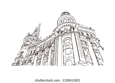 The Puerta del Sol is a public square Plaza in Madrid, Spain. One of the best known and busiest places in the city. Hand drawn sketch illustration in vector.