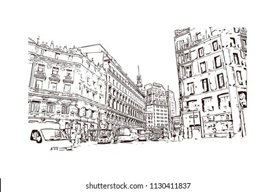 The Puerta del Sol is a public square Plaza in Madrid, Spain. One of the best known and busiest places in the city. Hand drawn sketch illustration in vector.