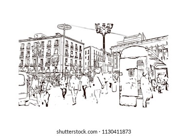 The Puerta del Sol is a public square Plaza in Madrid, Spain. One of the best known and busiest places in the city. Hand drawn sketch illustration in vector.