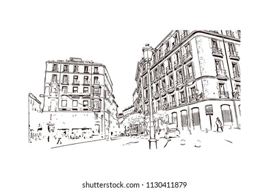 The Puerta del Sol is a public square Plaza in Madrid, Spain. One of the best known and busiest places in the city. Hand drawn sketch illustration in vector.