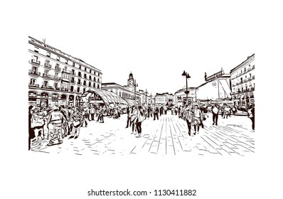 The Puerta del Sol is a public square Plaza in Madrid, Spain. One of the best known and busiest places in the city. Hand drawn sketch illustration in vector.