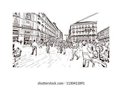 The Puerta del Sol is a public square Plaza in Madrid, Spain. One of the best known and busiest places in the city. Hand drawn sketch illustration in vector.