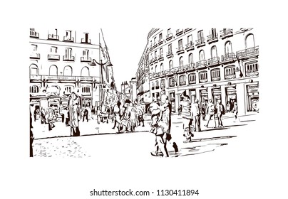 The Puerta del Sol is a public square Plaza in Madrid, Spain. One of the best known and busiest places in the city. Hand drawn sketch illustration in vector.