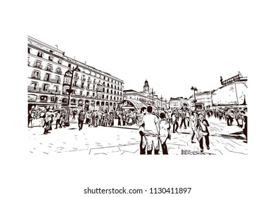 The Puerta del Sol is a public square Plaza in Madrid, Spain. One of the best known and busiest places in the city. Hand drawn sketch illustration in vector.