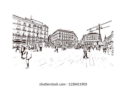 The Puerta del Sol is a public square Plaza in Madrid, Spain. One of the best known and busiest places in the city. Hand drawn sketch illustration in vector.