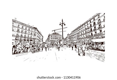 The Puerta del Sol is a public square Plaza in Madrid, Spain. One of the best known and busiest places in the city. Hand drawn sketch illustration in vector.