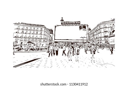 The Puerta del Sol is a public square Plaza in Madrid, Spain. One of the best known and busiest places in the city. Hand drawn sketch illustration in vector.