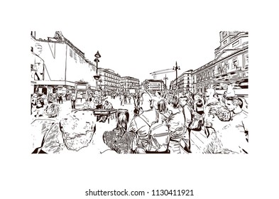 The Puerta del Sol is a public square Plaza in Madrid, Spain. One of the best known and busiest places in the city. Hand drawn sketch illustration in vector.