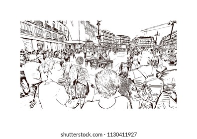 The Puerta del Sol is a public square Plaza in Madrid, Spain. One of the best known and busiest places in the city. Hand drawn sketch illustration in vector.