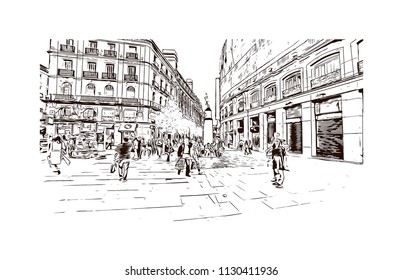 The Puerta del Sol is a public square Plaza in Madrid, Spain. One of the best known and busiest places in the city. Hand drawn sketch illustration in vector.