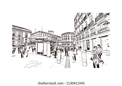 The Puerta del Sol is a public square Plaza in Madrid, Spain. One of the best known and busiest places in the city. Hand drawn sketch illustration in vector.