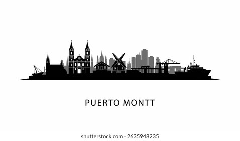 Puerto Montt Skyline with Chile Silhouette.