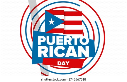 Puerto Rican Day. National happy holiday. Festival and parade in honor of independence and freedom. Puerto Rico flag. Latin american country. Patriotic elements. Vector poster illustration