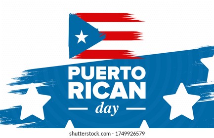 Puerto Rican Day. National happy holiday. Festival and parade in honor of independence and freedom. Puerto Rico flag. Latin american country. Patriotic elements. Vector poster illustration