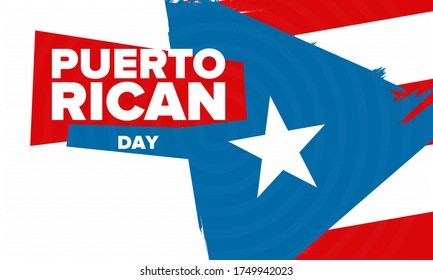 Día de Puerto Rico. Fiesta nacional feliz. Festival y desfile en honor a la independencia y la libertad. Bandera de Puerto Rico. País latinoamericano. Elementos patrióticos. Ilustración de póster vectorial