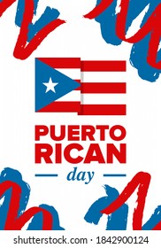 Puerto Rican Day. National happy holiday. Festival and parade in honor of independence and freedom. Puerto Rico flag. Latin american country. Patriotic elements. Vector poster illustration