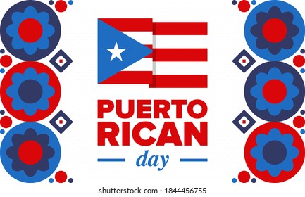 Puerto Rican Day. National happy holiday. Festival and parade in honor of independence and freedom. Puerto Rico flag. Latin american country. Patriotic elements. Vector poster illustration