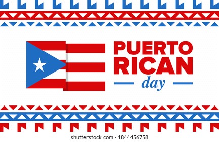 Puerto Rican Day. National happy holiday. Festival and parade in honor of independence and freedom. Puerto Rico flag. Latin american country. Patriotic elements. Vector poster illustration