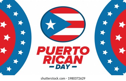 Puerto Rican Day. National happy holiday. Festival and parade in honor of independence and freedom. Puerto Rico flag. Latin american country. Patriotic elements. Vector poster illustration