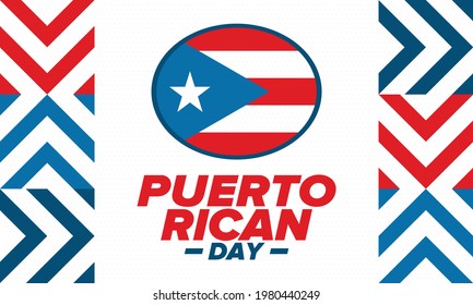 Puerto Rican Day. National happy holiday. Festival and parade in honor of independence and freedom. Puerto Rico flag. Latin american country. Patriotic elements. Vector poster illustration