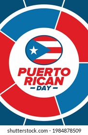 Puerto Rican Day. National happy holiday. Festival and parade in honor of independence and freedom. Puerto Rico flag. Latin american country. Patriotic elements. Vector poster illustration