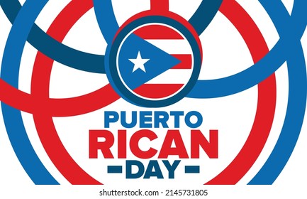 Puerto Rican Day. National happy holiday. Festival and parade in honor of independence and freedom. Puerto Rico flag. Latin american country. Patriotic elements. Vector poster illustration