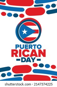 Puerto Rican Day. National happy holiday. Festival and parade in honor of independence and freedom. Puerto Rico flag. Latin american country. Patriotic elements. Vector poster illustration