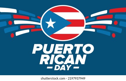 Puerto Rican Day. National happy holiday. Festival and parade in honor of independence and freedom. Puerto Rico flag. Latin american country. Patriotic elements. Vector poster illustration