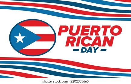 Puerto Rican Day. National happy holiday. Festival and parade in honor of independence and freedom. Puerto Rico flag. Latin american country. Patriotic elements. Vector poster illustration