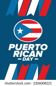 Puerto Rican Day. National happy holiday. Festival and parade in honor of independence and freedom. Puerto Rico flag. Latin american country. Patriotic elements. Vector poster illustration