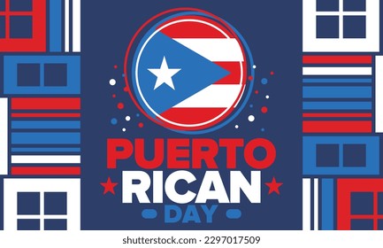 Puerto Rican Day. National happy holiday. Festival and parade in honor of independence and freedom. Puerto Rico flag. Latin american country. Patriotic elements. Vector poster illustration