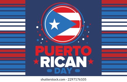 Puerto Rican Day. National happy holiday. Festival and parade in honor of independence and freedom. Puerto Rico flag. Latin american country. Patriotic elements. Vector poster illustration