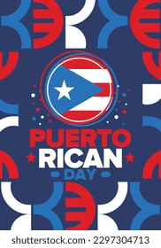 Puerto Rican Day. National happy holiday. Festival and parade in honor of independence and freedom. Puerto Rico flag. Latin american country. Patriotic elements. Vector poster illustration