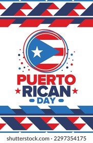 Día de Puerto Rico. Fiesta nacional feliz. Festival y desfile en honor a la independencia y la libertad. Bandera de Puerto Rico. País latinoamericano. Elementos patrióticos. Ilustración de póster vectorial