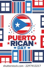 Puerto Rican Day. National happy holiday. Festival and parade in honor of independence and freedom. Puerto Rico flag. Latin american country. Patriotic elements. Vector poster illustration