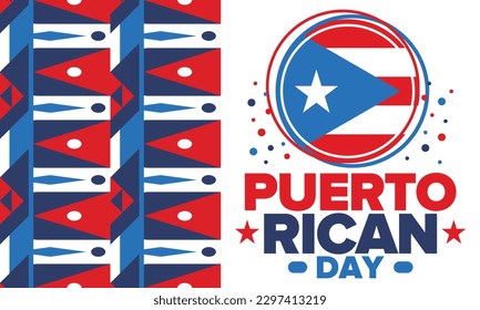 Día de Puerto Rico. Fiesta nacional feliz. Festival y desfile en honor a la independencia y la libertad. Bandera de Puerto Rico. País latinoamericano. Elementos patrióticos. Ilustración de póster vectorial