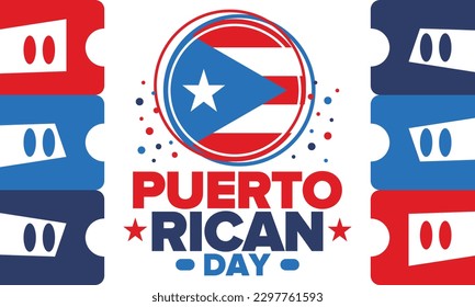 Puerto Rican Day. National happy holiday. Festival and parade in honor of independence and freedom. Puerto Rico flag. Latin american country. Patriotic elements. Vector poster illustration
