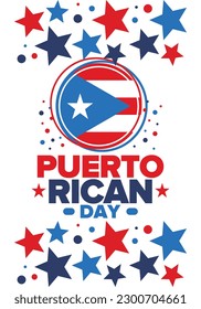 Puerto Rican Day. National happy holiday. Festival and parade in honor of independence and freedom. Puerto Rico flag. Latin american country. Patriotic elements. Vector poster illustration