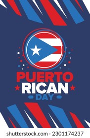Puerto Rican Day. National happy holiday. Festival and parade in honor of independence and freedom. Puerto Rico flag. Latin american country. Patriotic elements. Vector poster illustration