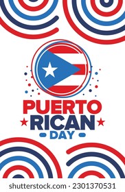 Puerto Rican Day. National happy holiday. Festival and parade in honor of independence and freedom. Puerto Rico flag. Latin american country. Patriotic elements. Vector poster illustration