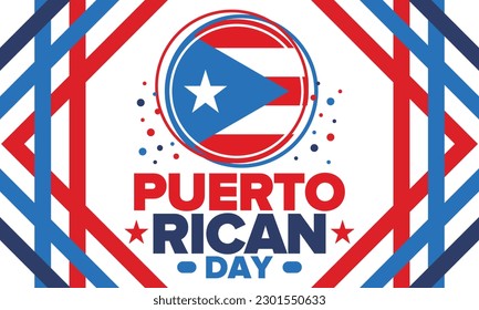 Día de Puerto Rico. Fiesta nacional feliz. Festival y desfile en honor a la independencia y la libertad. Bandera de Puerto Rico. País latinoamericano. Elementos patrióticos. Ilustración de póster vectorial