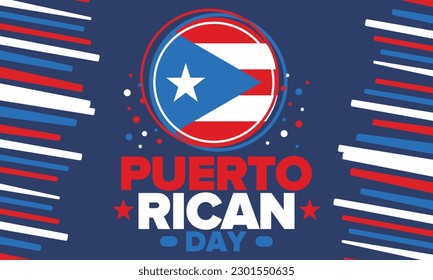 Puerto Rican Day. National happy holiday. Festival and parade in honor of independence and freedom. Puerto Rico flag. Latin american country. Patriotic elements. Vector poster illustration