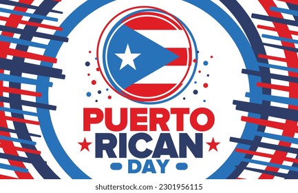 Puerto Rican Day. National happy holiday. Festival and parade in honor of independence and freedom. Puerto Rico flag. Latin american country. Patriotic elements. Vector poster illustration