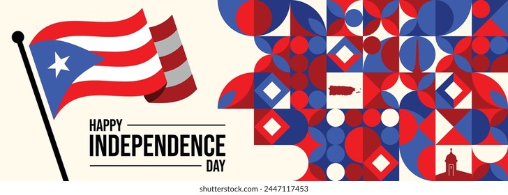 Puerto Rican Day. National happy holiday. Festival and parade in honor of independence and freedom. Puerto Rico flag. Latin american country. Patriotic elements. Vector poster illustration

