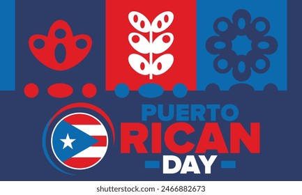 Puerto Rican Day. National happy holiday. Festival and parade in honor of independence and freedom. Puerto Rico flag. Latin american country. Patriotic elements. Vector poster illustration