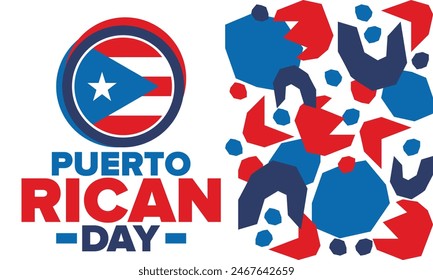 Día de Puerto Rico. Fiesta nacional feliz. Festival y desfile en honor a la independencia y la libertad. Bandera de Puerto Rico. Latina país americano. Elementos patrióticos. Ilustración de póster de Vector