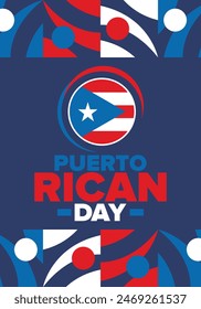 Puerto Rican Day. National happy holiday. Festival and parade in honor of independence and freedom. Puerto Rico flag. Latin american country. Patriotic elements. Vector poster illustration