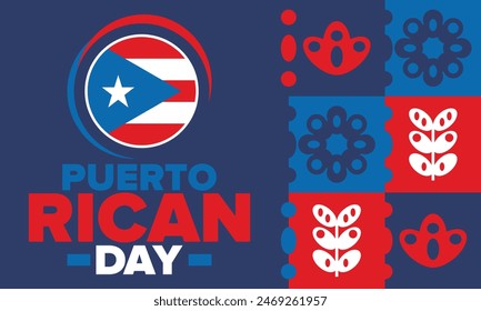 Puerto Rican Day. National happy holiday. Festival and parade in honor of independence and freedom. Puerto Rico flag. Latin american country. Patriotic elements. Vector poster illustration