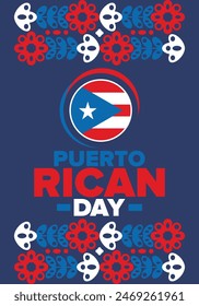 Puerto Rican Day. National happy holiday. Festival and parade in honor of independence and freedom. Puerto Rico flag. Latin american country. Patriotic elements. Vector poster illustration